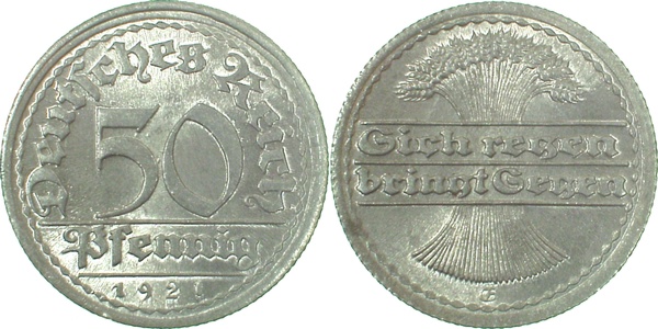 50 Pfennig Variante 1921 E Durchmesser 23,5 mm J301
