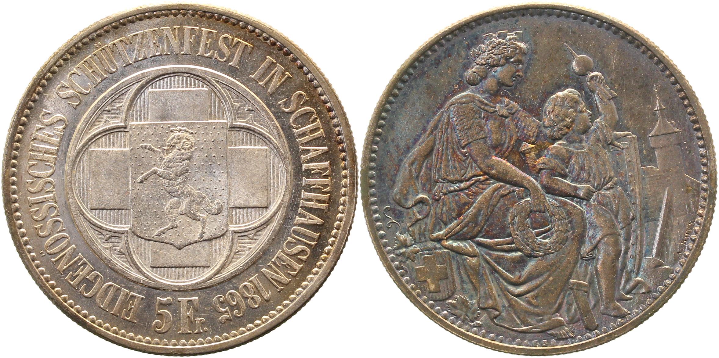SchützenTaler 5 Fr. CH Schaffh. 1865 EA Prooflike, geringste S