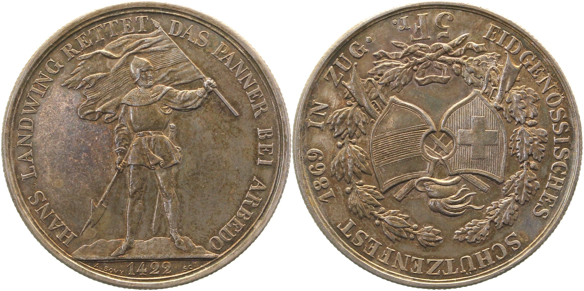 5 Taler/Frank Schweiz in Zug.1869 prfr/stgl Landwing Arbedo