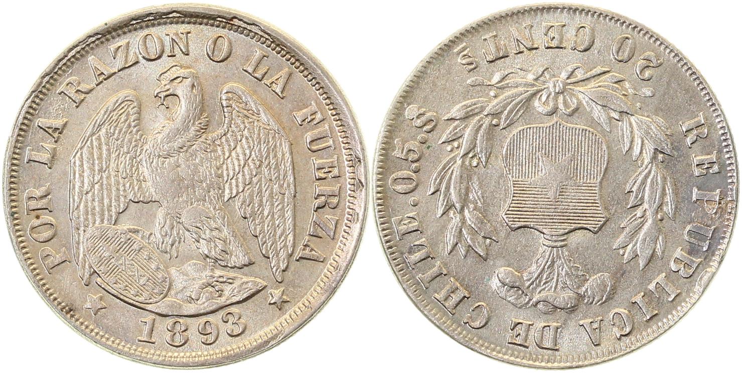 20 Centavos 1893 Chile leicht dezentriert unzirkuliert