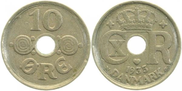 10 Öre Denmark 1935,ohne Riffelrand KM 822 2