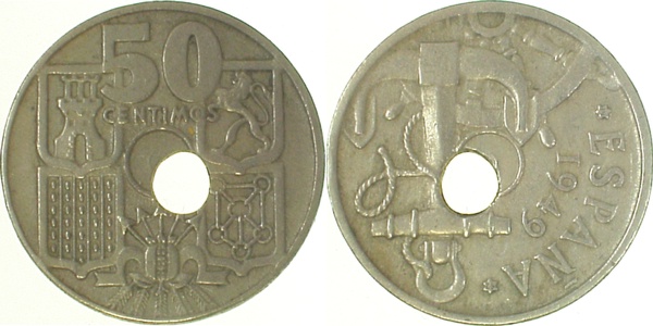 50 Centimos Spanien 1949 Loch dezentriert
