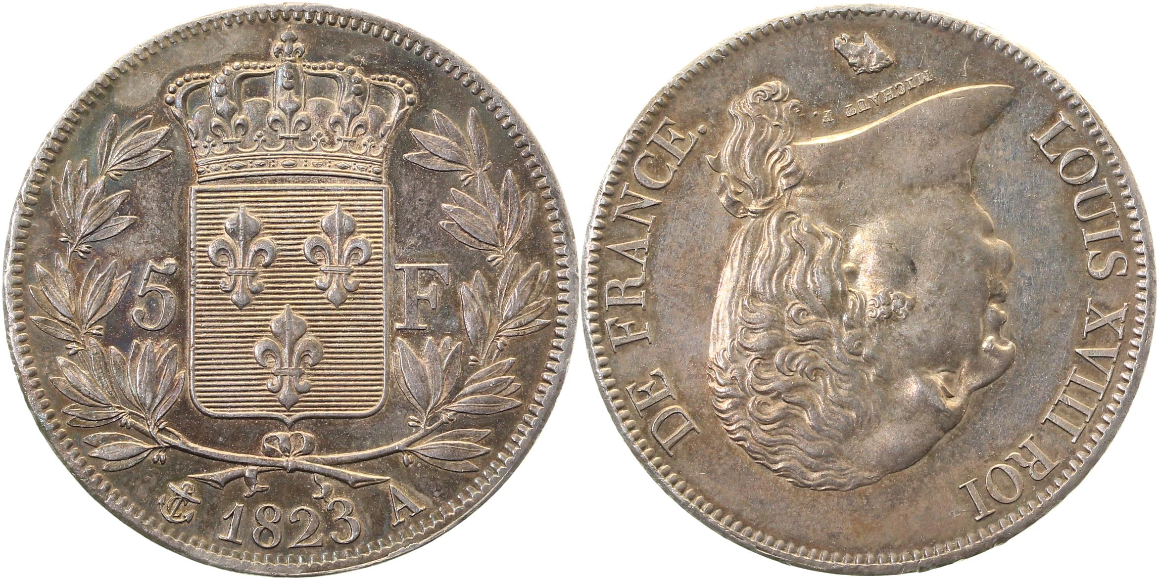 5 Franc 1823 A Frankreich Paris Louis XVIII France unc prfr, prooflike, herrl Patina !