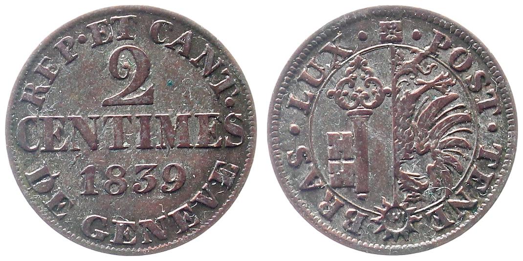 2 Centimes 1839, Geneve, vz/stgl-vz+