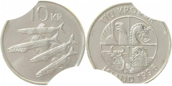 Island 1996 10 Kronen doppeltes Zainende !