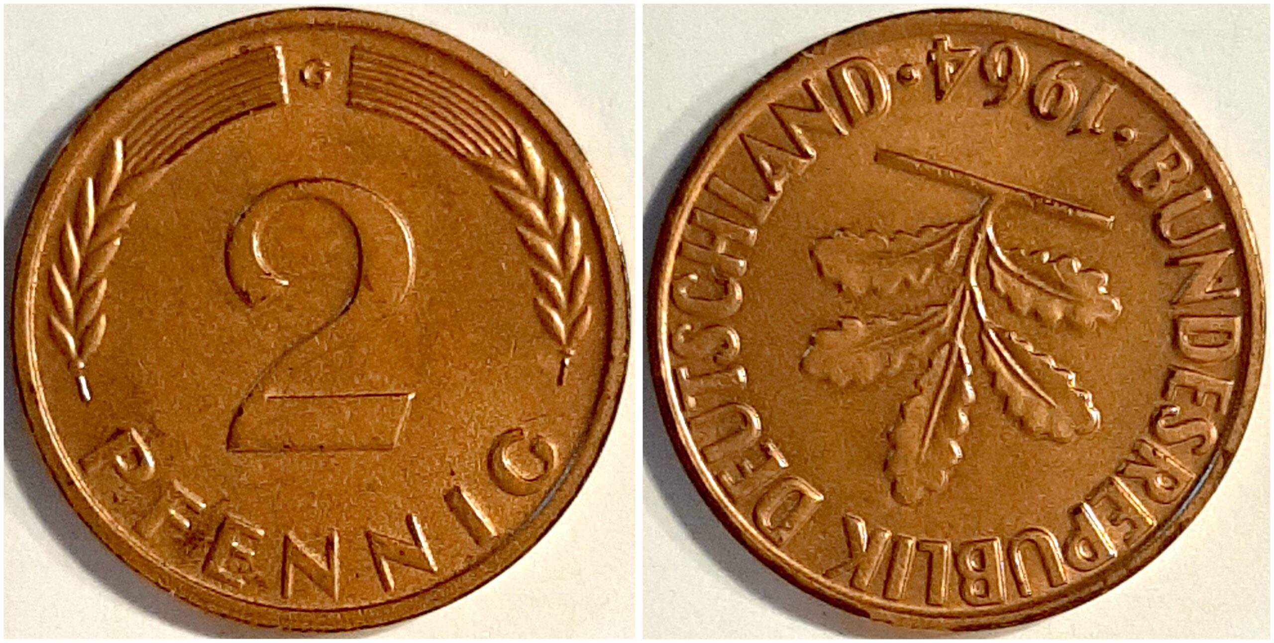 2 Pfennig 1964 G Stempeldrehung ca. 170°, vorzüglich+
