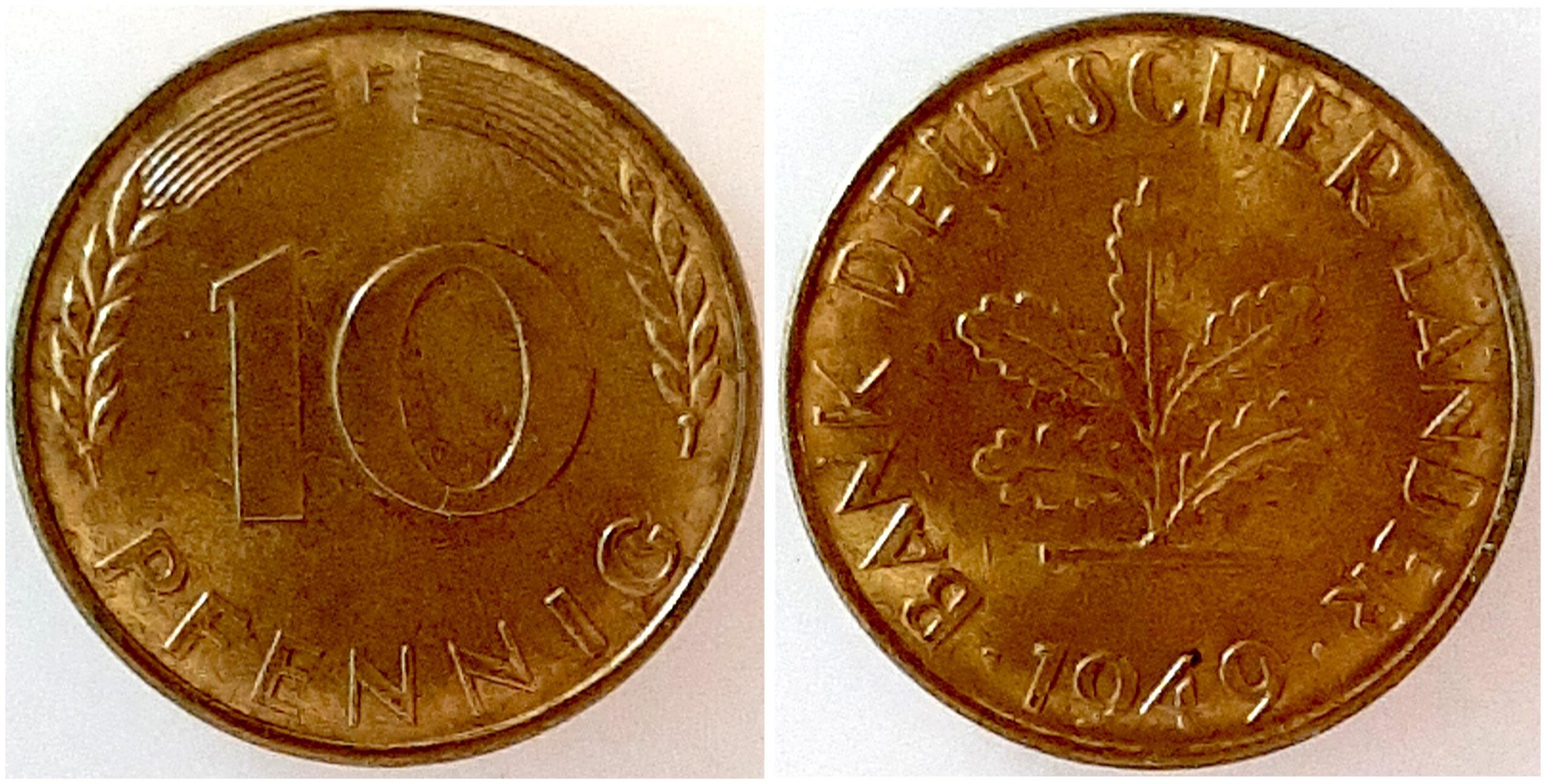 10 Pfennig 1949 F bfr/st Stempeldrehung 45 extrem selten i.d. Erh