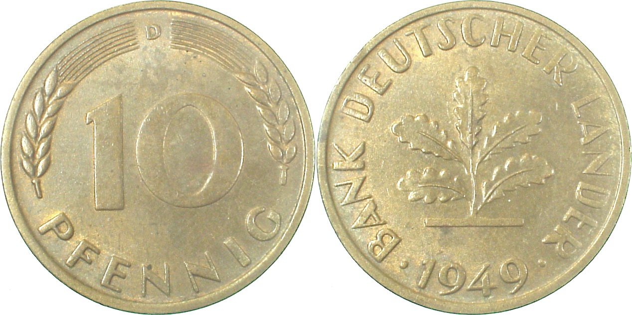 10 Pfennig 1949 D Stempeldrehung!!! 30° selten