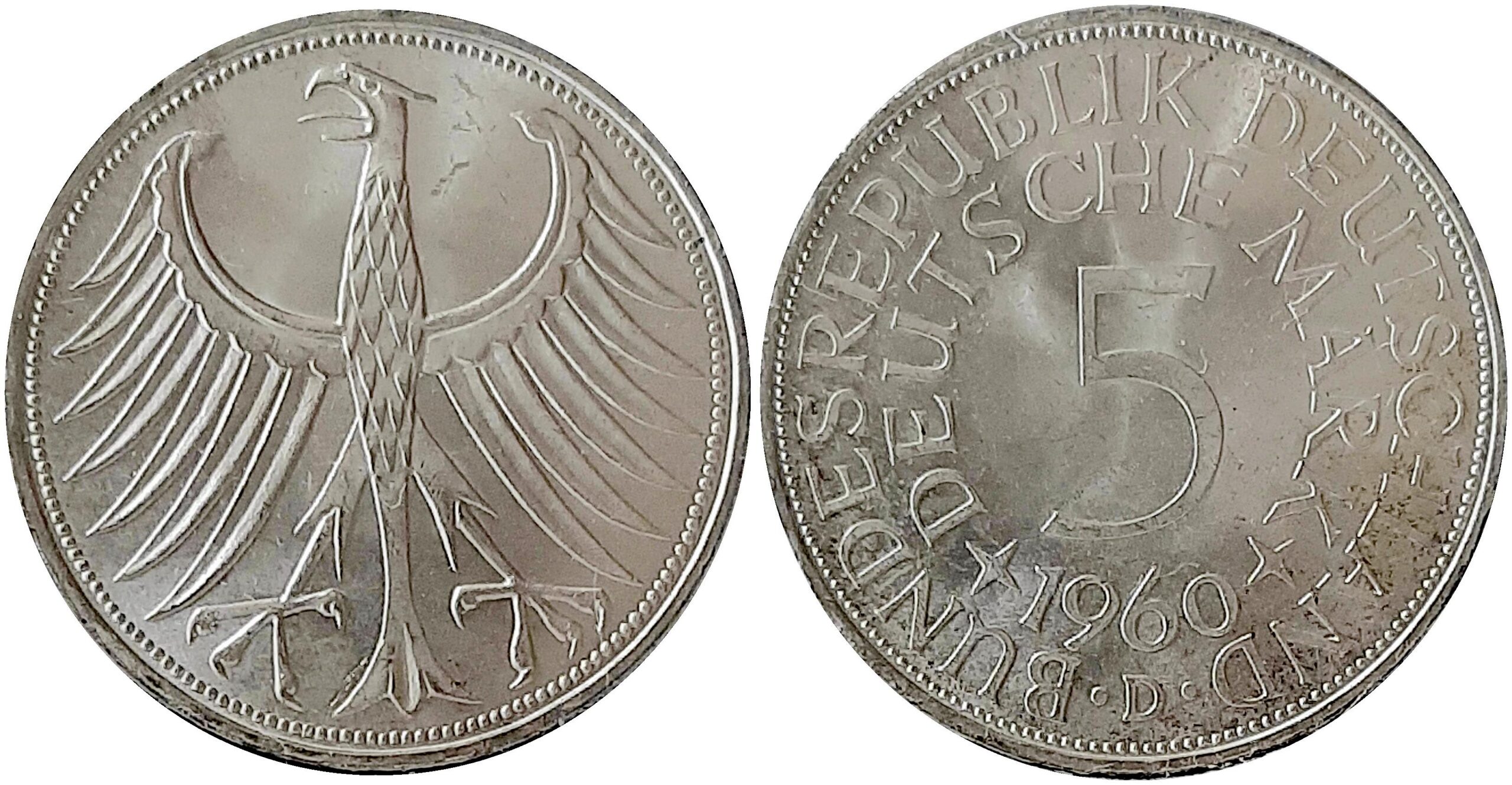 5 DM 1960 D stgl/fein, J387, extrem selten i. dieser