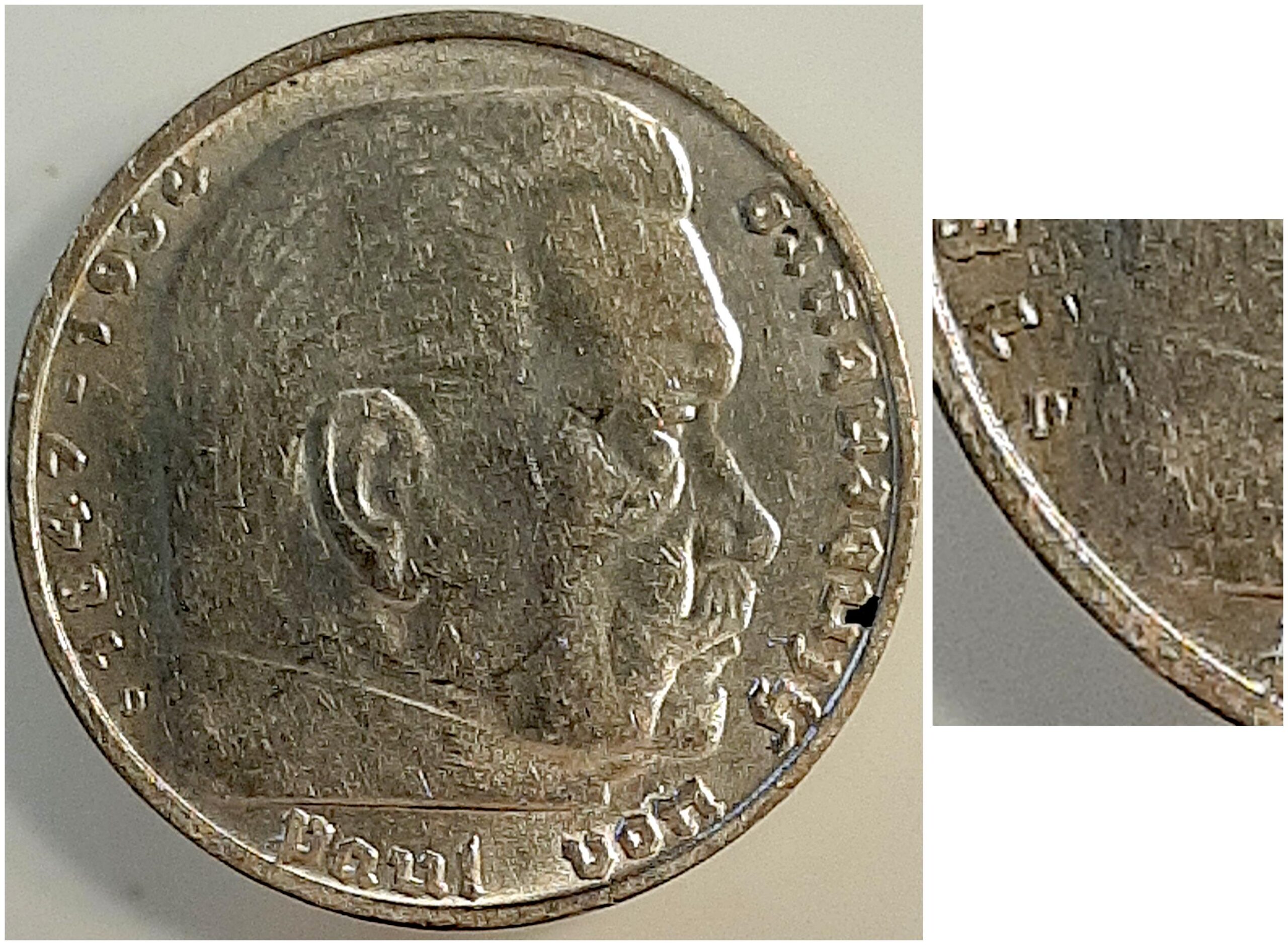 5 Reichsmark Hindenburg 1939 D Münzzeichen leicht doppelt