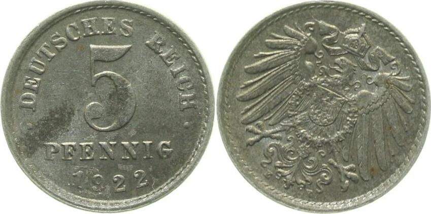 5 Pfennig 1922 E ss/vz