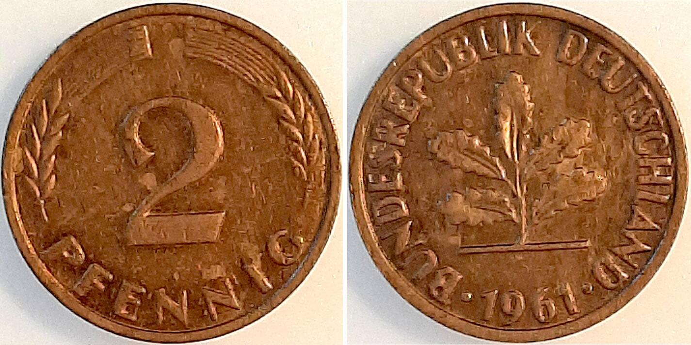 2 Pfennig 1961 ohne Münnzzeichen geprägt, gut erhalten