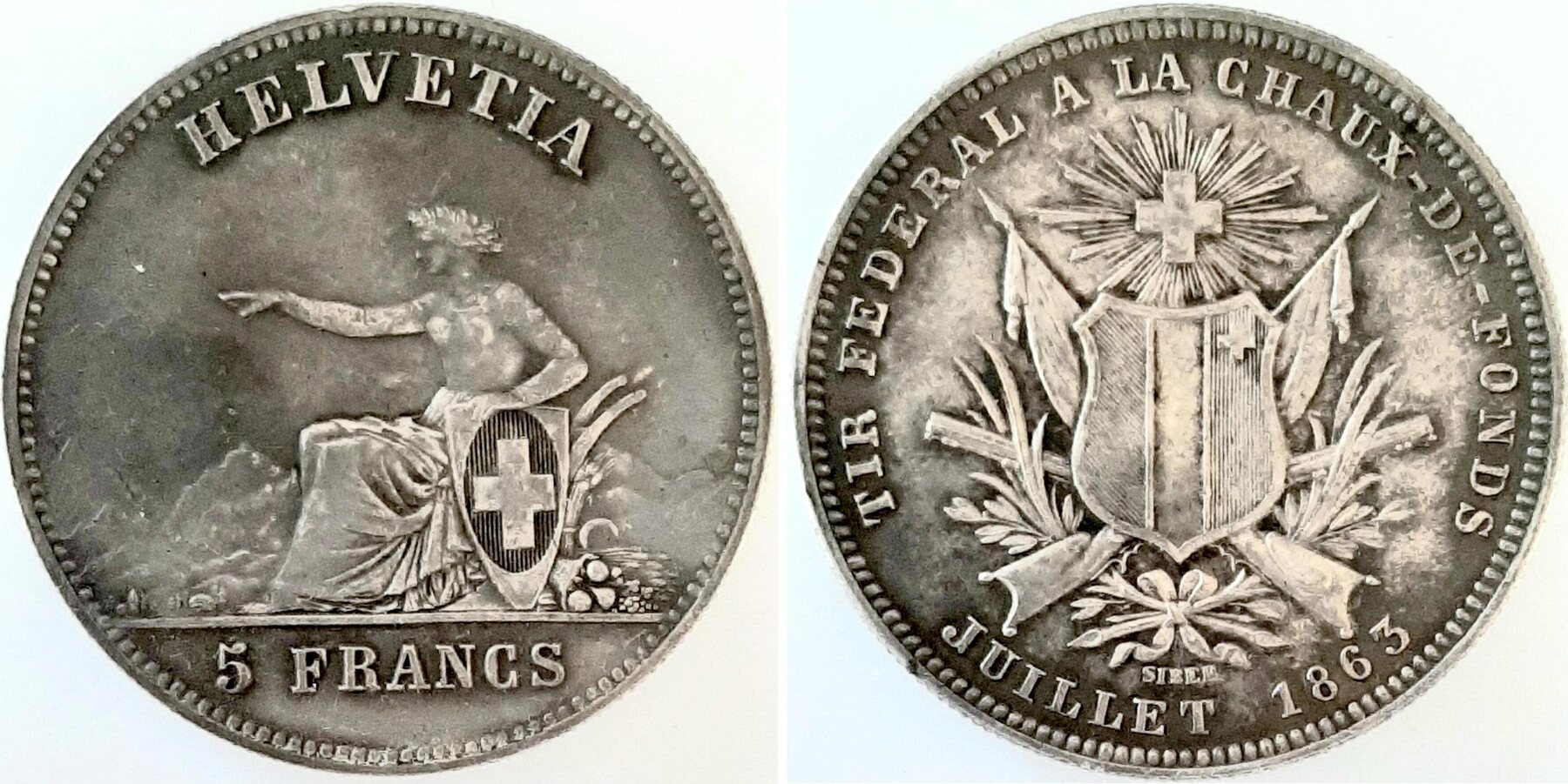 SchützenTaler 5 Francs CH La Chaux 1863, f.stgl TOP