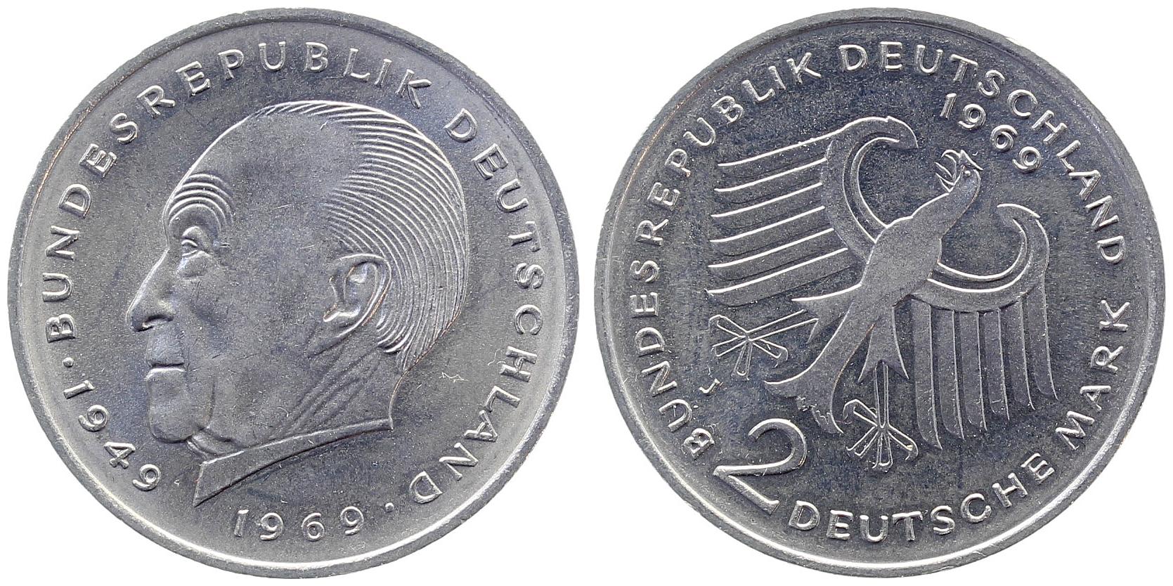 2 DM 1969 J Adenauer Stempeldrehung ca. 20° prfr S40669J-1-1