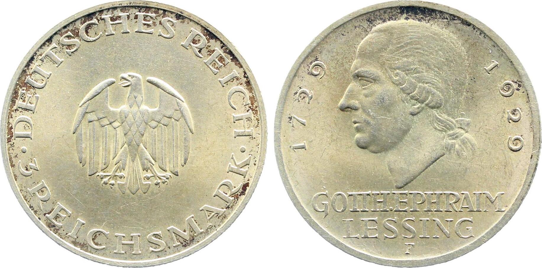 3 Reichsmark 1929 F Gotth. Ephraim Lessing J335 prf