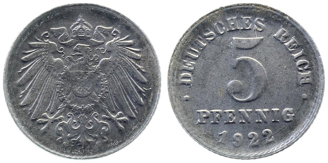 5 Pfennig 1922 G stempelglanz J297  29722G-1-0B