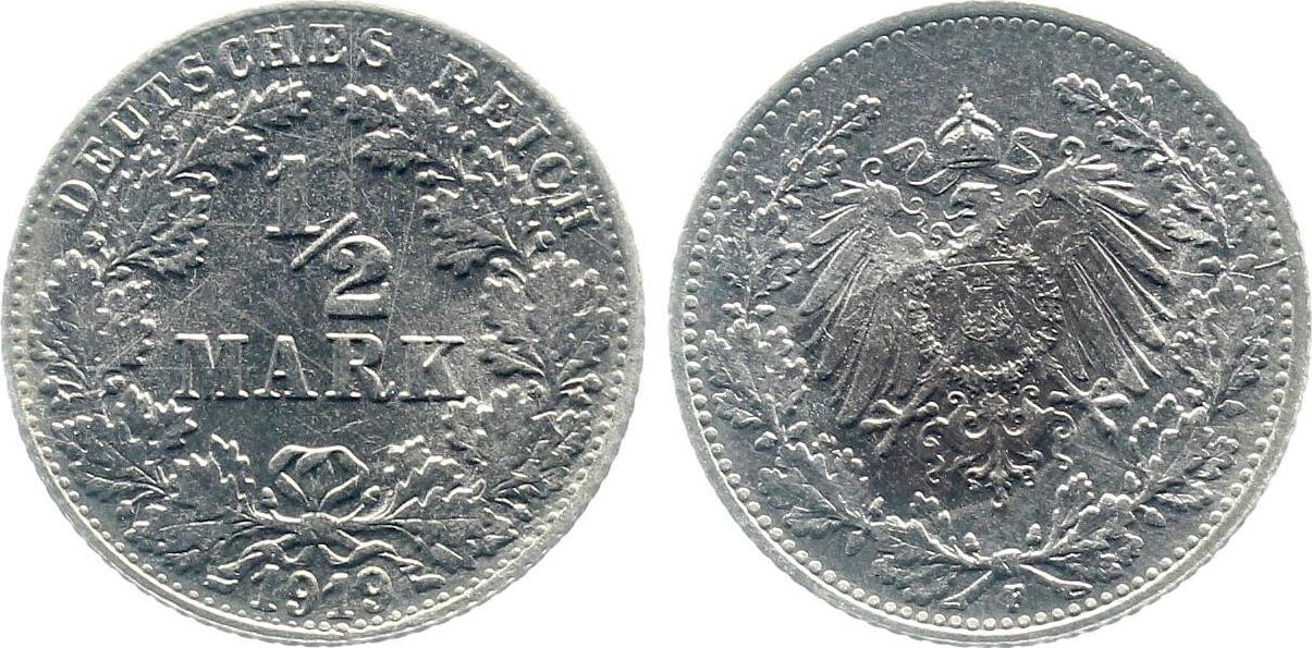 1/2 Mark 1919 F stgl. Patina J 016