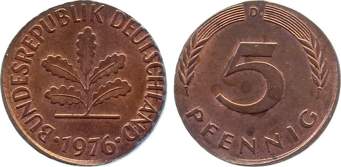 5 Pfennig 1976 D auf 1 Pfennig Rohling Cu plattiert F38276D-1-1