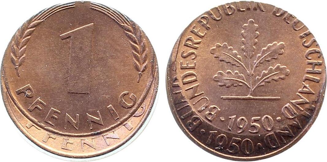 1 Pfennig 1950 ohne Münzzeichen, doppelt geprägt stgl. P38050-1-0