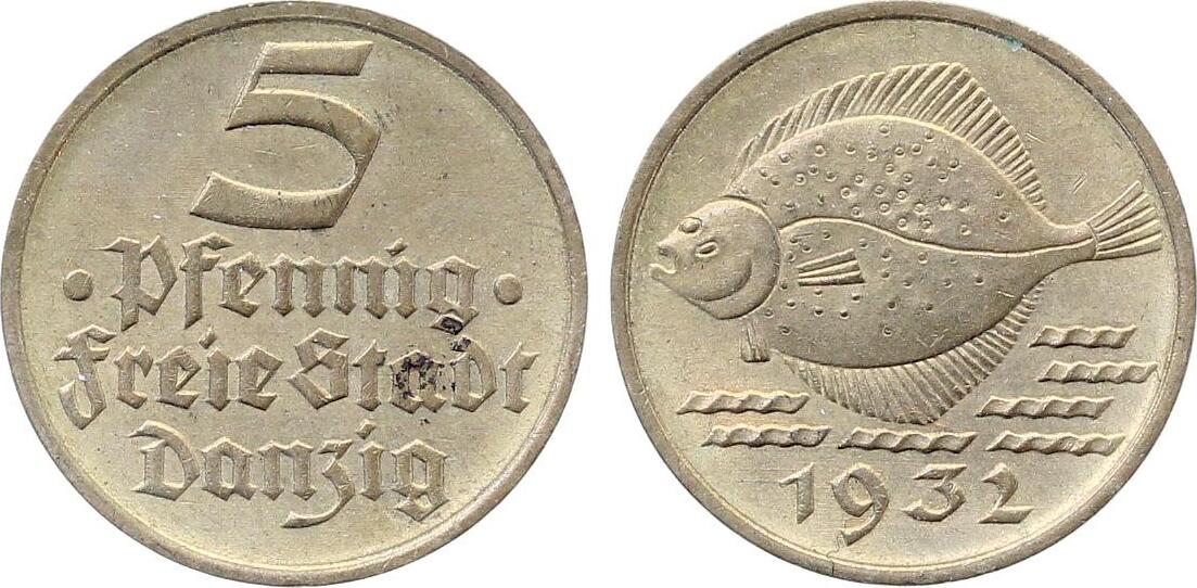 5 Pfennig 1932 Freie Stadt Danzig vz+, Gdansk Flunder