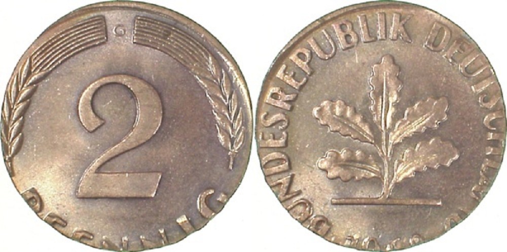 2 Pfennig 1964 J auf 1 Pf-Rohlingsgröße geprägt F38164J-1-1