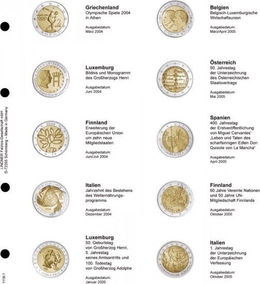 Vordruckblatt karat 2 Euro-Gedenkmünzen chronologisch: Griechenland 2004 - Italien 2005