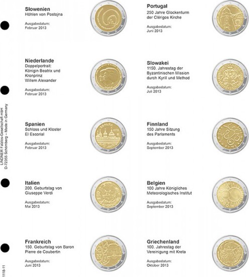 Vordruckblatt karat 2 Euro-Gedenkmünzen chronologisch: Slowenien 2013 - Griechenland 2013