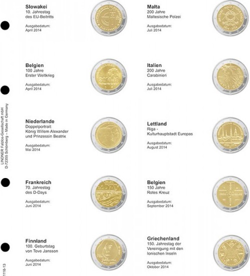 Vordruckblatt karat 2 Euro-Gedenkmünzen chronologisch: Slowakei April 2014 bis Griechenland Oktober 2014