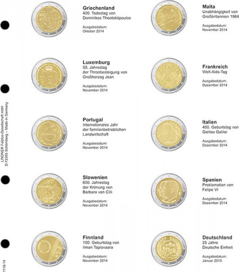 Vordruckblatt karat 2 Euro-Gedenkmünzen chronologisch: Griechenland Oktober 2014 - Deutschland Januar 2015