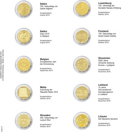 Vordruckblatt karat für 2 Euro-Gedenkmünzen: Italien August 2015 bis Litauen Dezember 2015