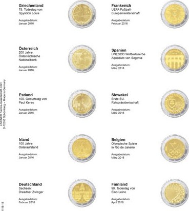Vordruckblatt karat für 2 Euro-Gedenkmünzen: Griechenland Januar 2016 bis Finnland April 2016