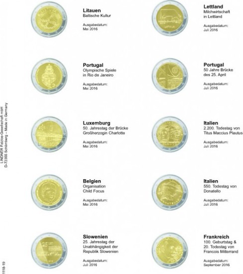 Vordruckblatt karat für 2 Euro-Gedenkmünzen: Litauen Mai 2016 bis Frankreich September 2016