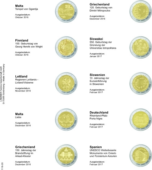 Vordruckblatt karat für 2 Euro-Gedenkmünzen: Malta Oktober 2016 bis Spanien Februar 2017
