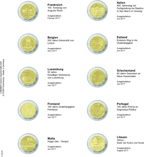 Vordruckblatt für 2 Euro-Gedenkmünzen: Frankreich 2017 bis Litauen 2017