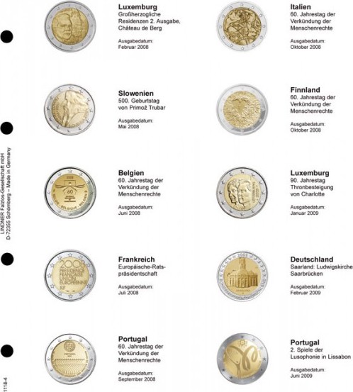 Vordruckblatt karat 2 Euro-Gedenkmünzen chronologisch: Luxemburg 2008 - Portugal 2009
