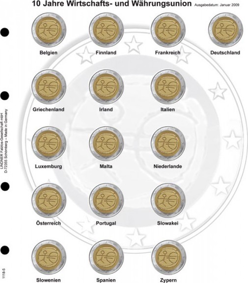 Vordruckblatt karat 2 Euro-Gedenkmünzen chronologisch: Gemeinschaftsausgabe 10 Jahre WWU