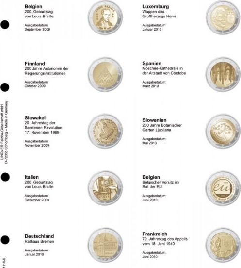 Vordruckblatt karat 2 Euro-Gedenkmünzen chronologisch: Belgien 2009 - Frankreich 2010