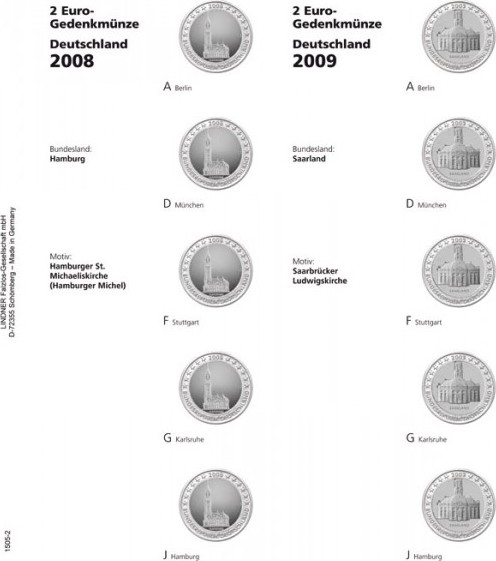 Vordruckblatt karat 2 Euro-Gedenkmünze DEUTSCHE BUNDESLÄNDER: 2008/2009, Hamburg/Saarland