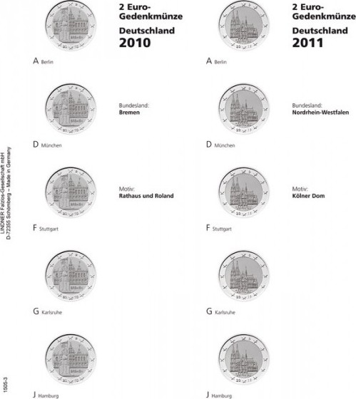 Vordruckblatt karat 2 Euro-Gedenkmünze DEUTSCHE BUNDESLÄNDER: 2010/2011, Bremen / Nordrhein-Westfalen