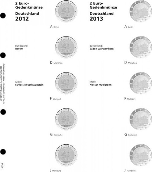 Vordruckblatt karat 2 Euro-Gedenkmünze DEUTSCHE BUNDESLÄNDER: 2012/2013, Bayern/Baden-Württemberg