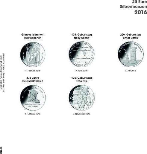 Vordruckblatt karat 20 Euro-Silbermünzen Bundesrepublik Deutschland 2016