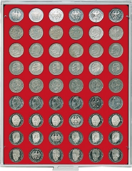 Velourseinlage, hellrot, mit 54 runden Vertiefungen für Münzen mit Ø26,75 mm