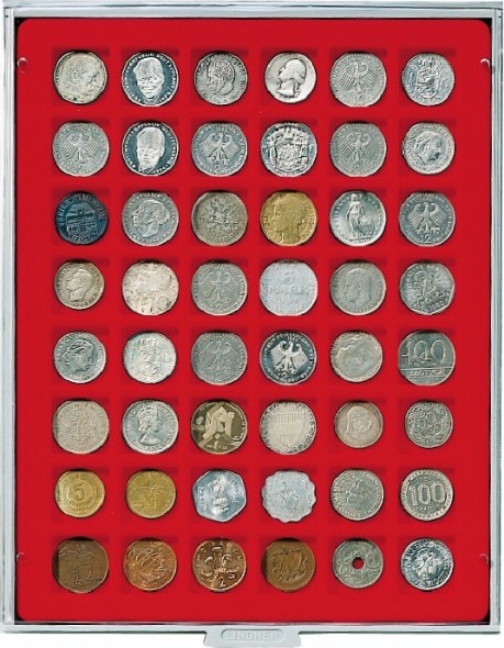Velourseinlage, hellrot, mit 48 quadratischen Fächern für Münzen/Münzkapseln bis Ø28 mm