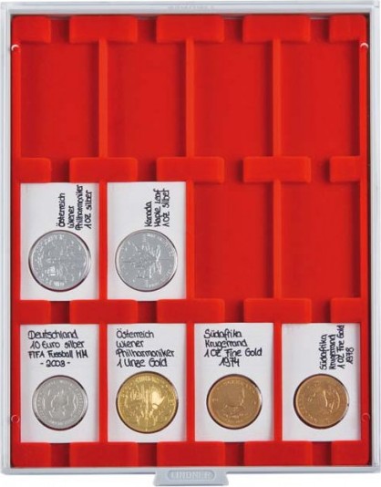 Velourseinlage, hellrot, mit 12 rechteckigen Fächern für REBECK COIN L Münzrähmchen 75x50 mm