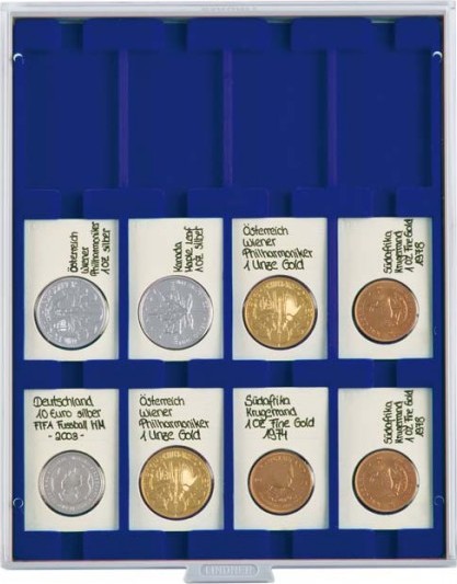 Velourseinlage, dunkelblau, mit 12 rechteckigen Fächern für REBECK COIN L Münzrähmchen 75x50 mm