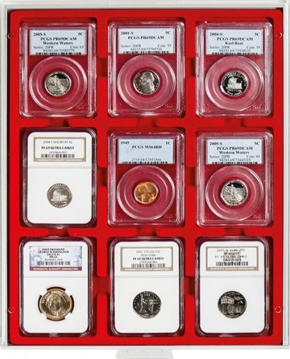 Velourseinlage, hellrot, für 9 US-Münzkapseln (Slabs) bis zu einem Format von 63x85 mm