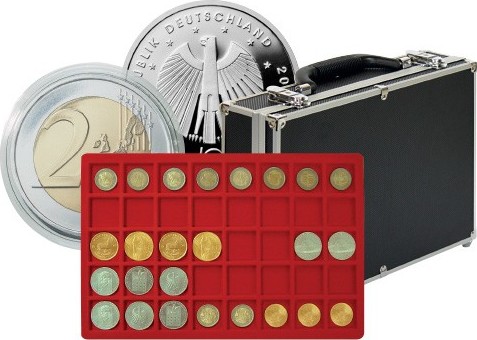 Großer Münzen-Sammelkoffer mit 8 Münztableaus für 320 Münzen oder Münzkapseln bis 34 mm Ø