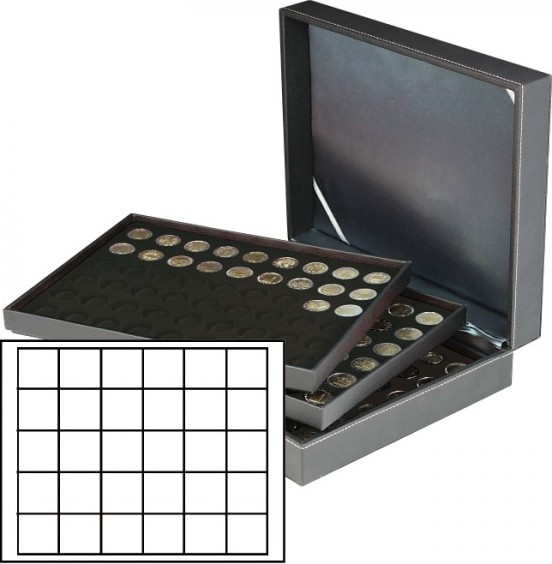Münzkassette NERA XL mit 3 Tableaus und schwarzen Münzeinlagen mit 90 quadratischen Fächern für Münzen/Münzkapseln bis Ø 38 mm