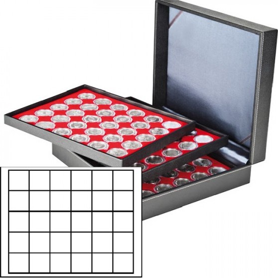 Münzkassette NERA XL mit 3 Tableaus und hellroten Münzeinlagen mit 90 quadratischen Fächern für Münzen/Münzkapseln bis Ø 38 mm