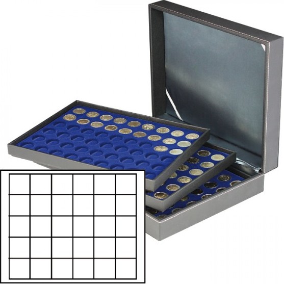 Münzkassette NERA XL mit 3 Tableaus und dunkelblauen Münzeinlagen mit 90 quadratischen Fächern für Münzen/Münzkapseln bis Ø 38 m